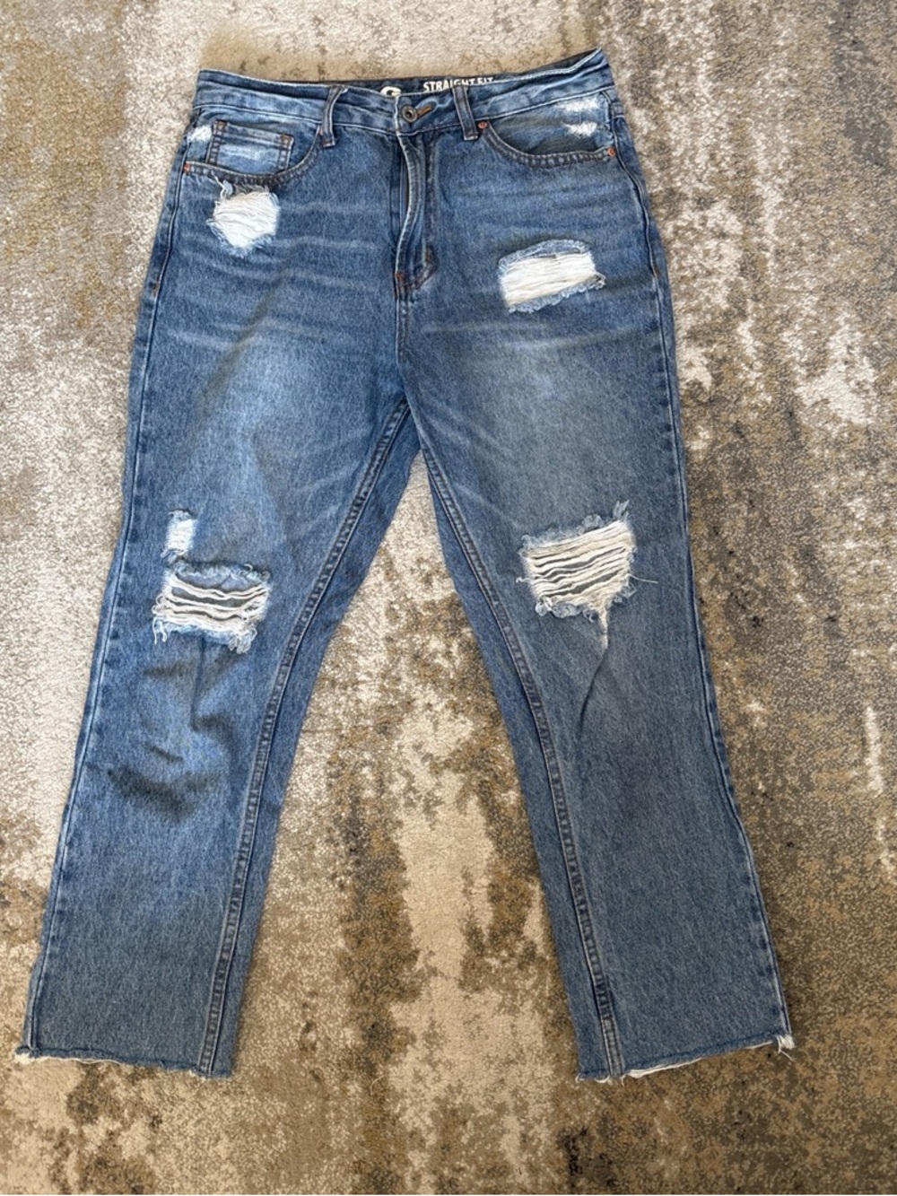 Straight Leg Distressed Women's Jeans - Blue